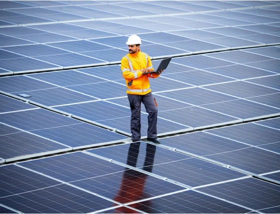 A man standing in between Solar panels with laptop in hand.