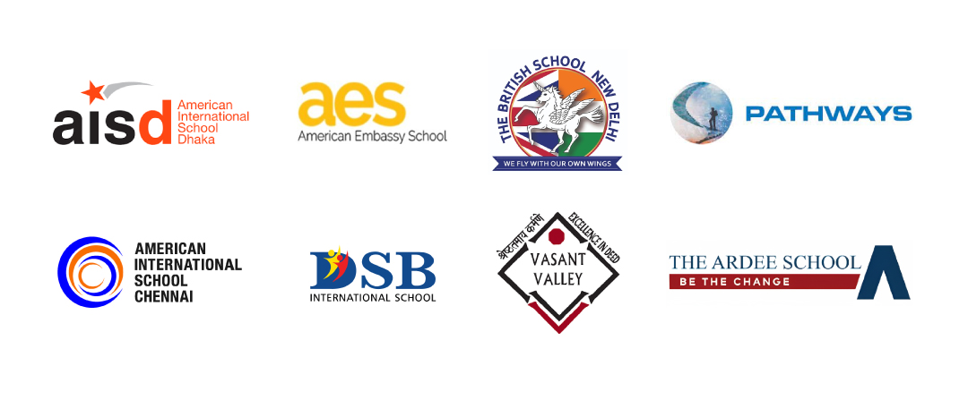  Logos of American International School of Dhaka, American Embassy School, The British School New Delhi, American School of Bombay, DSB International School, Vasant Valley and Pathways